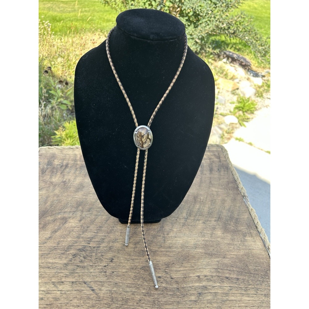 Vintage Picture Jasper Bolo Tie 36" Two Tone Braided Cord Leaf Accent Western